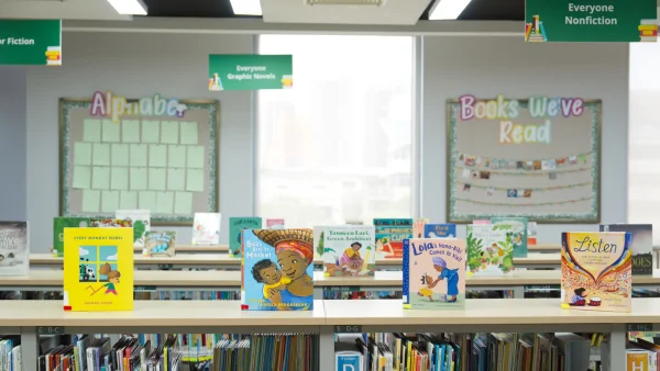Library books on display at the library of Wuhan Yangtze International School.